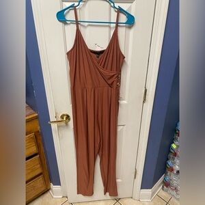 Chic Brown Jumpsuit with button detail adjustable straps v-neck size L